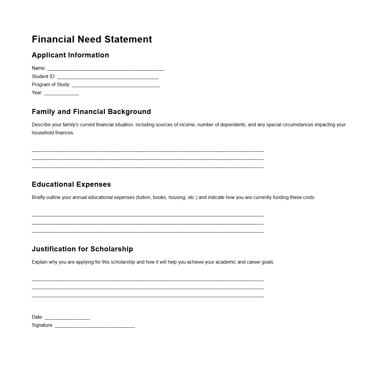 Financial Need Statement for Scholarship