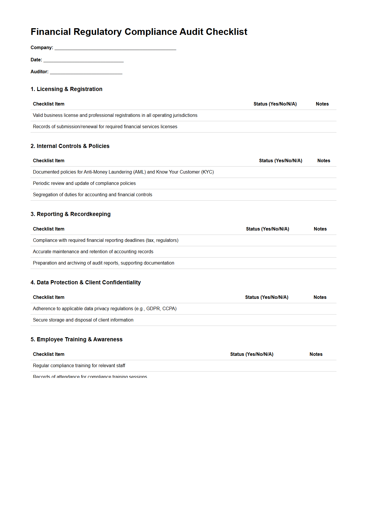 Financial Regulatory Compliance Audit Checklist for Consulting Companies