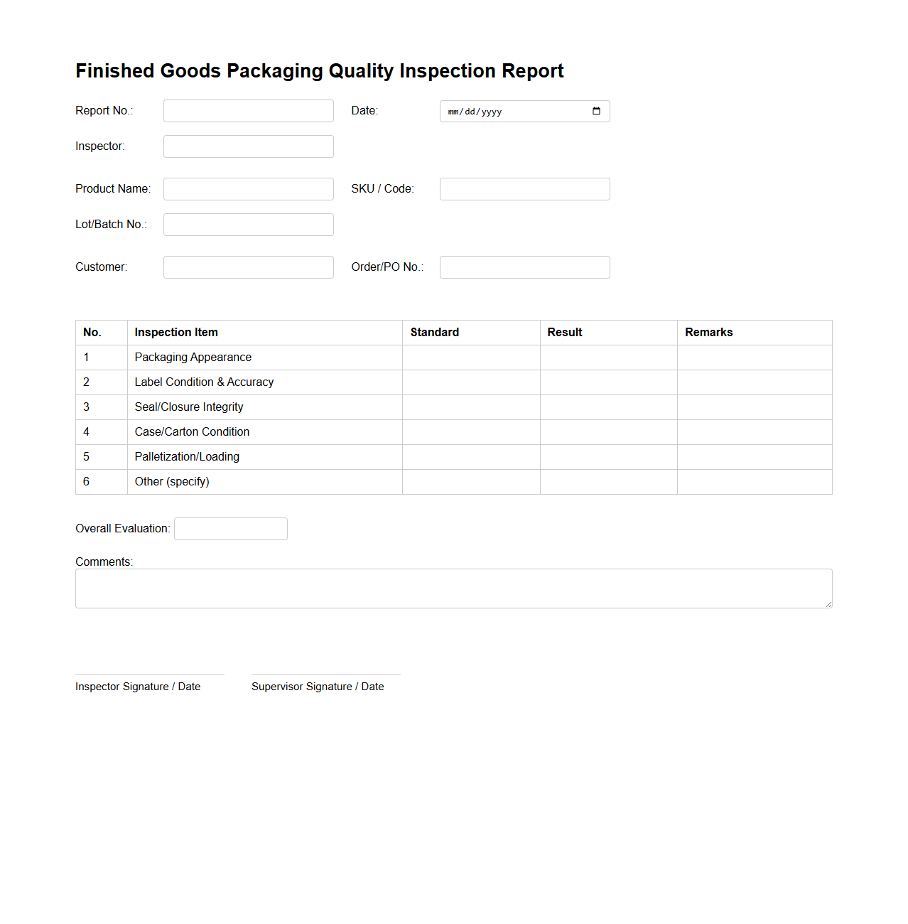 Finished Goods Packaging Quality Inspection Report Template