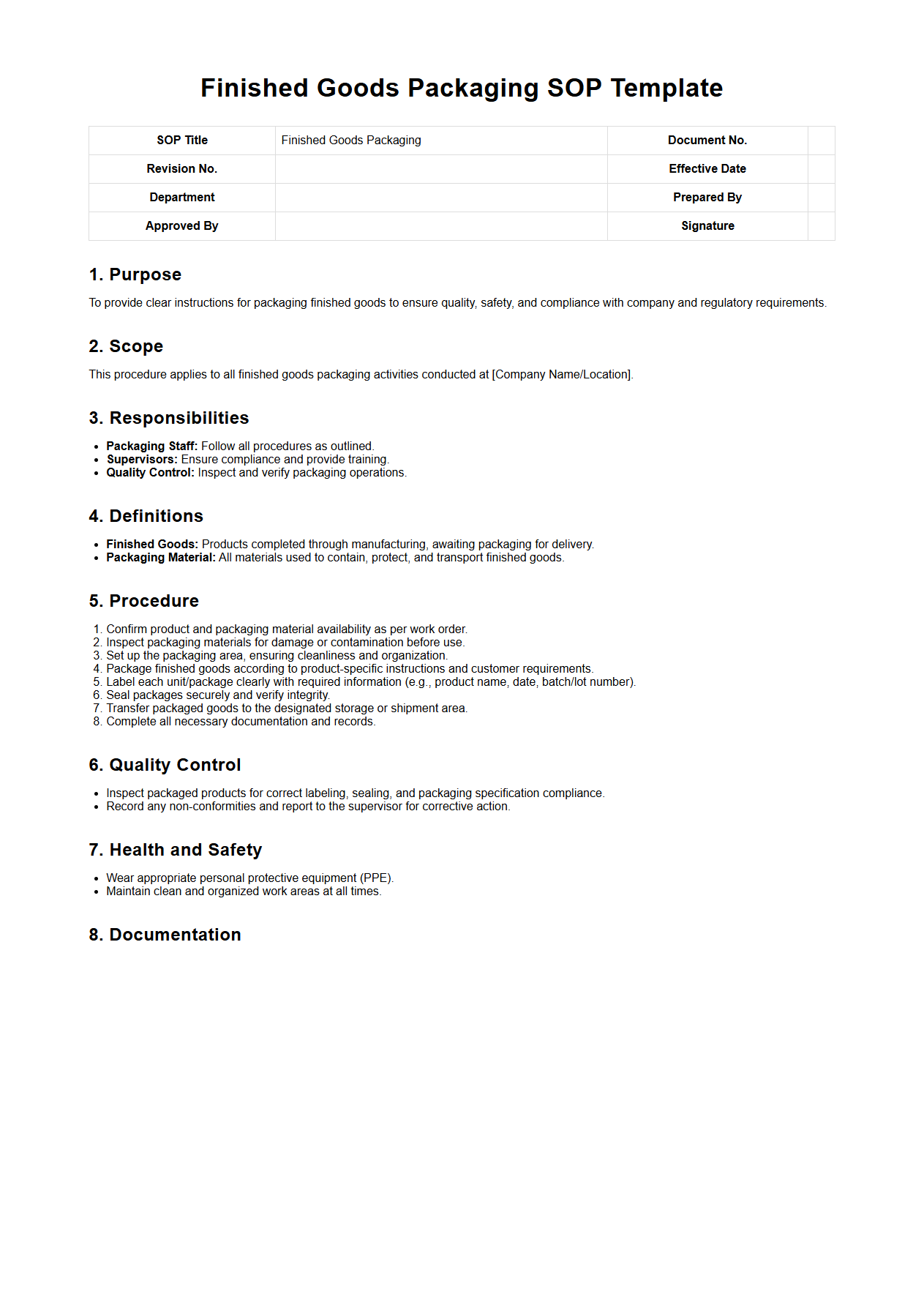 Finished Goods Packaging SOP Template