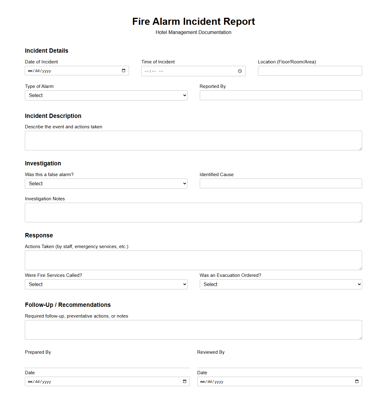 Fire Alarm Incident Documentation for Hotel Management