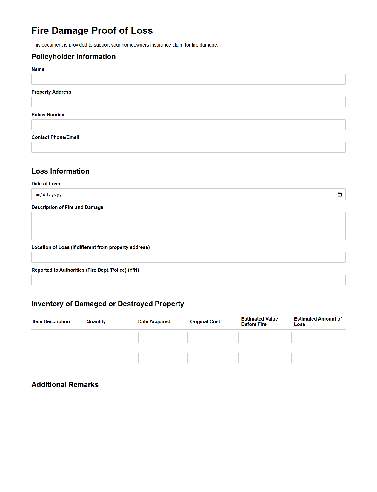 Fire Damage Proof of Loss Document for Homeowners Insurance