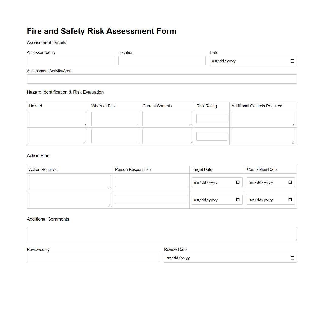 Fire and Safety Risk Assessment Form