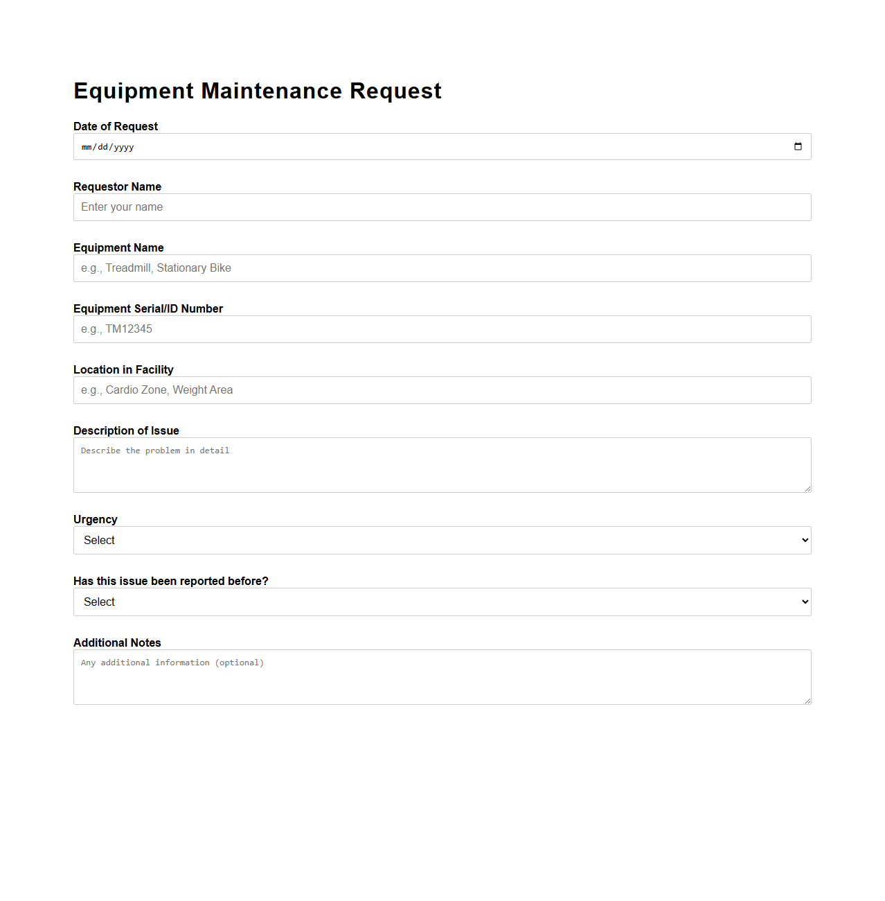 Fitness Center Equipment Maintenance Request Example