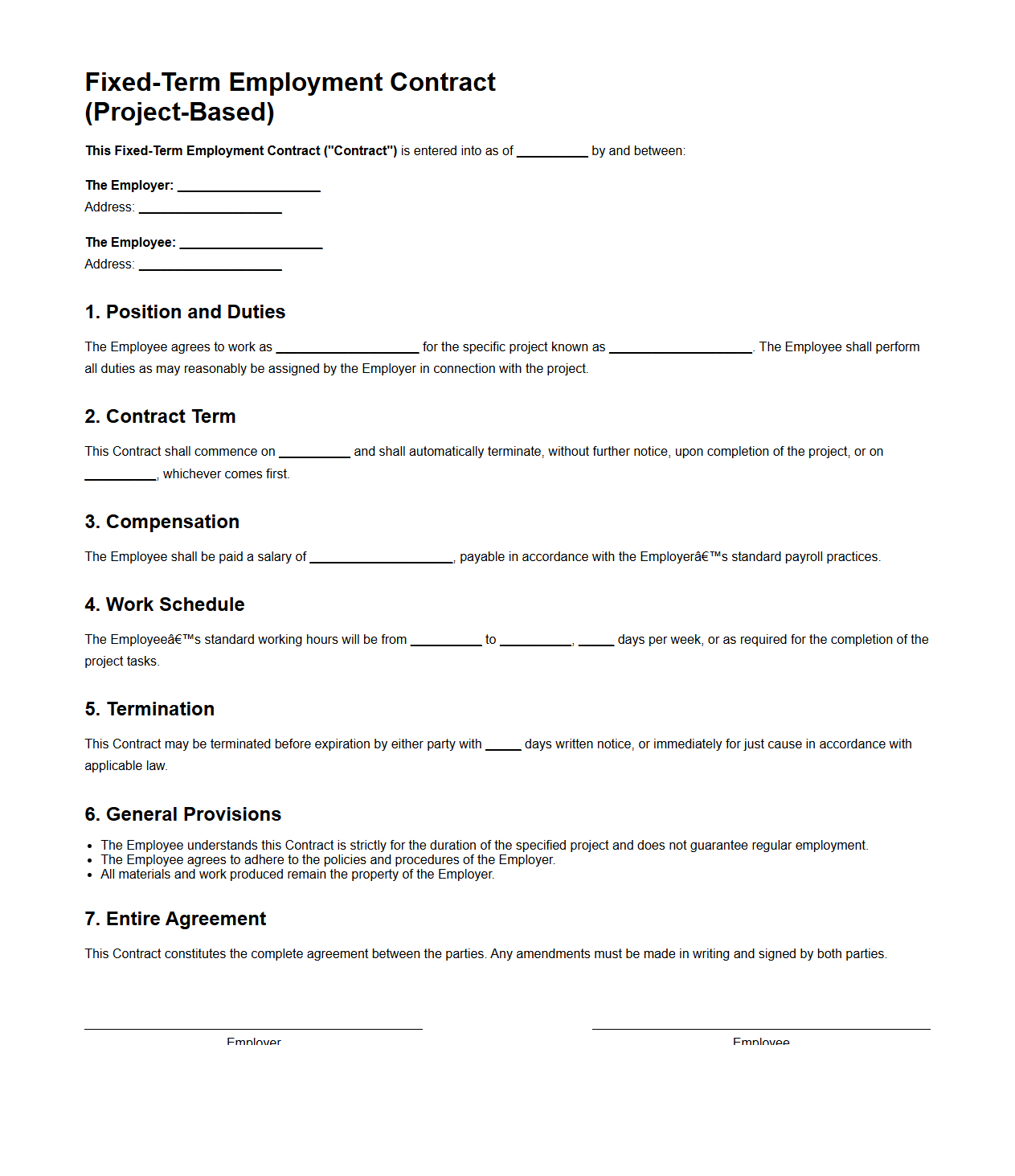 Fixed-Term Employment Contract Example for Project-Based Employees