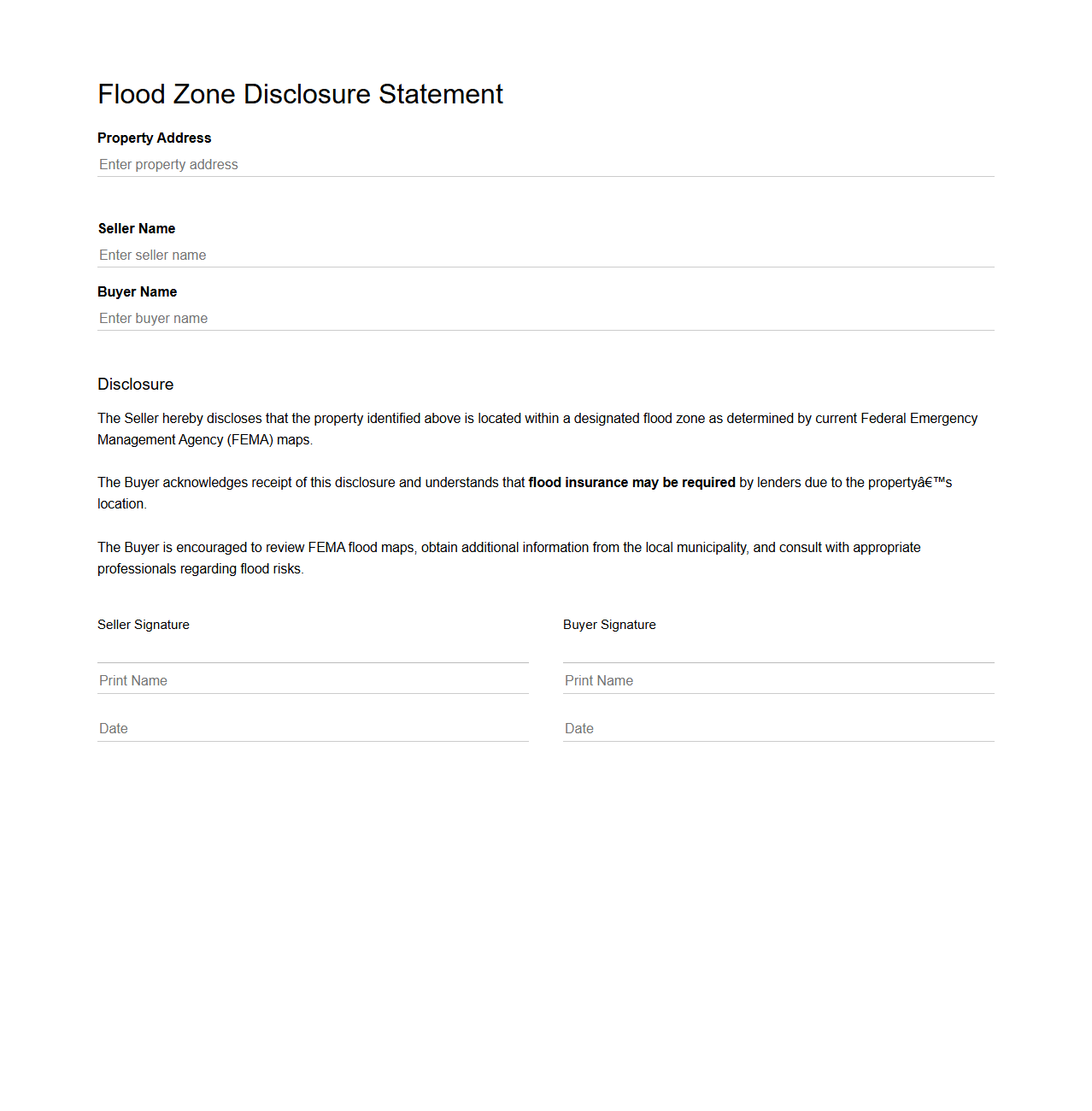 Flood Zone Disclosure Statement Template