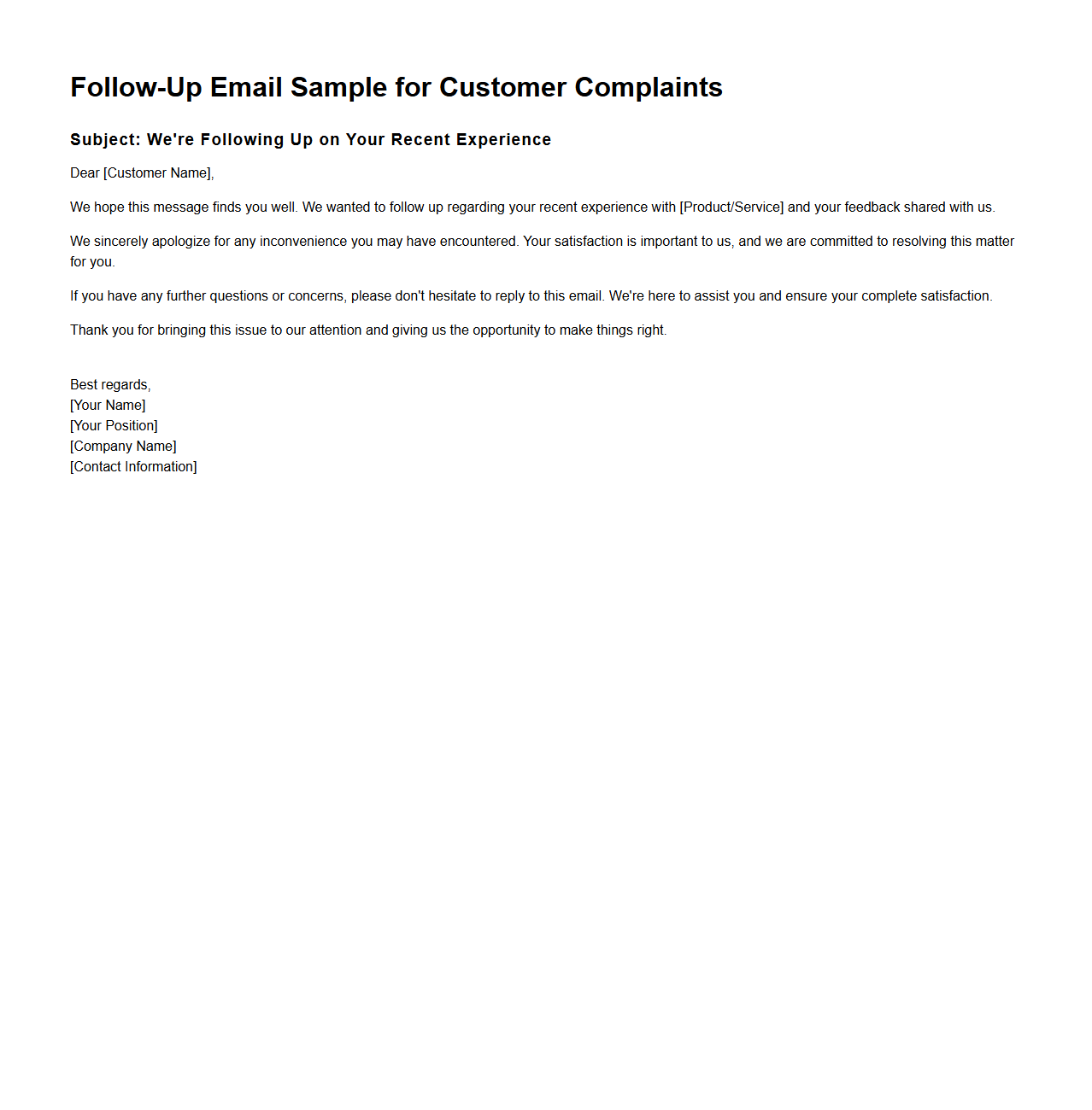 Follow-Up Email Sample for Customer Complaints