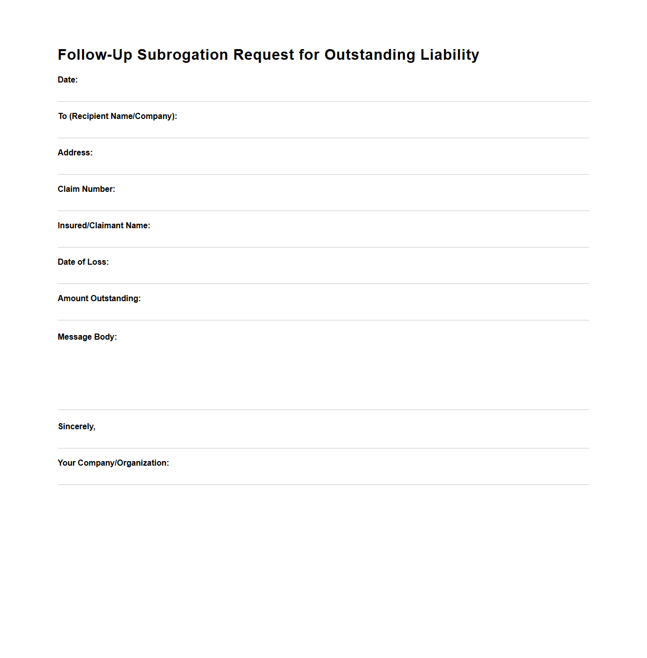Follow-Up Subrogation Request for Outstanding Liability