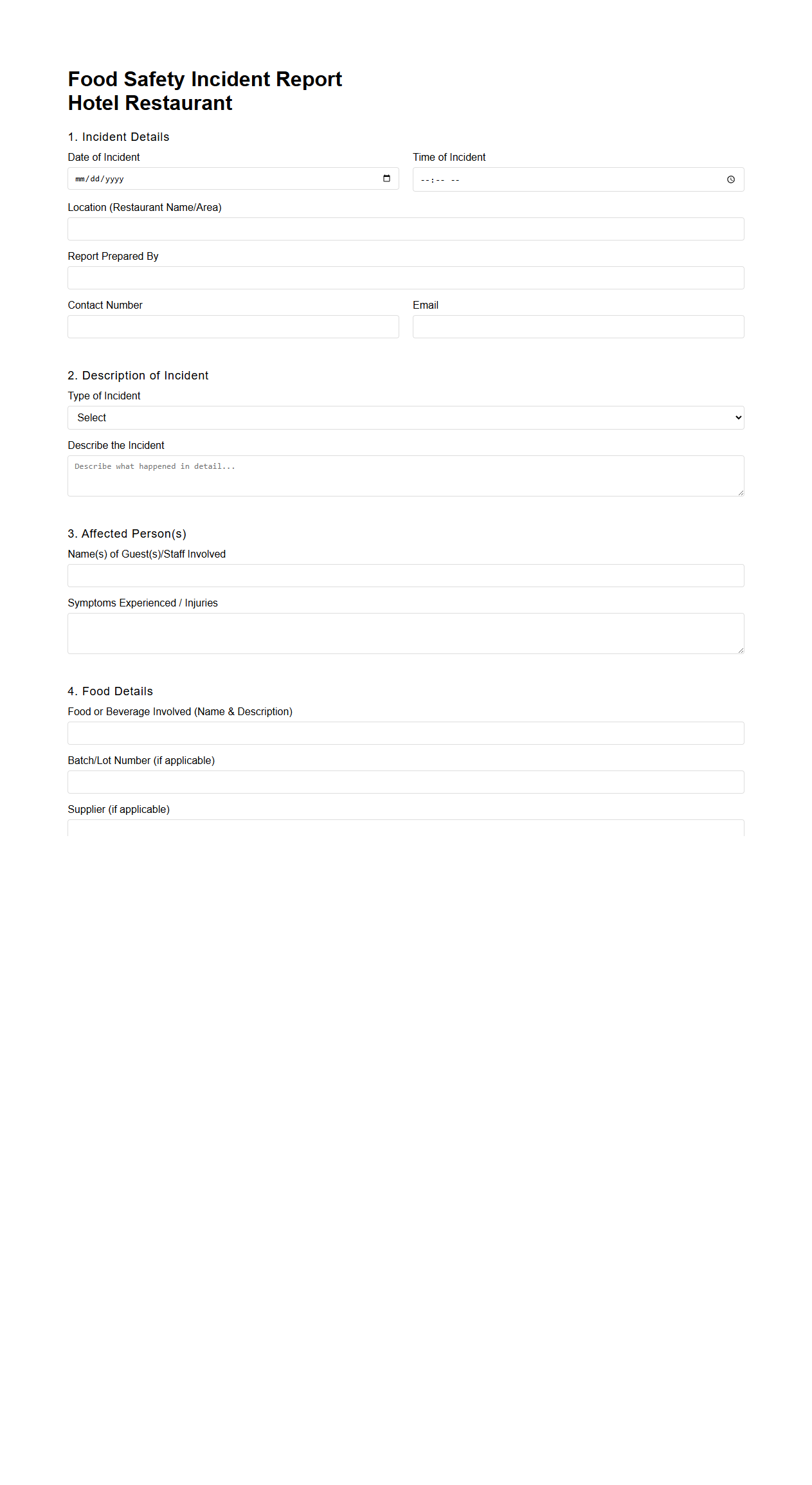 Food Safety Incident Report for Hotel Restaurants