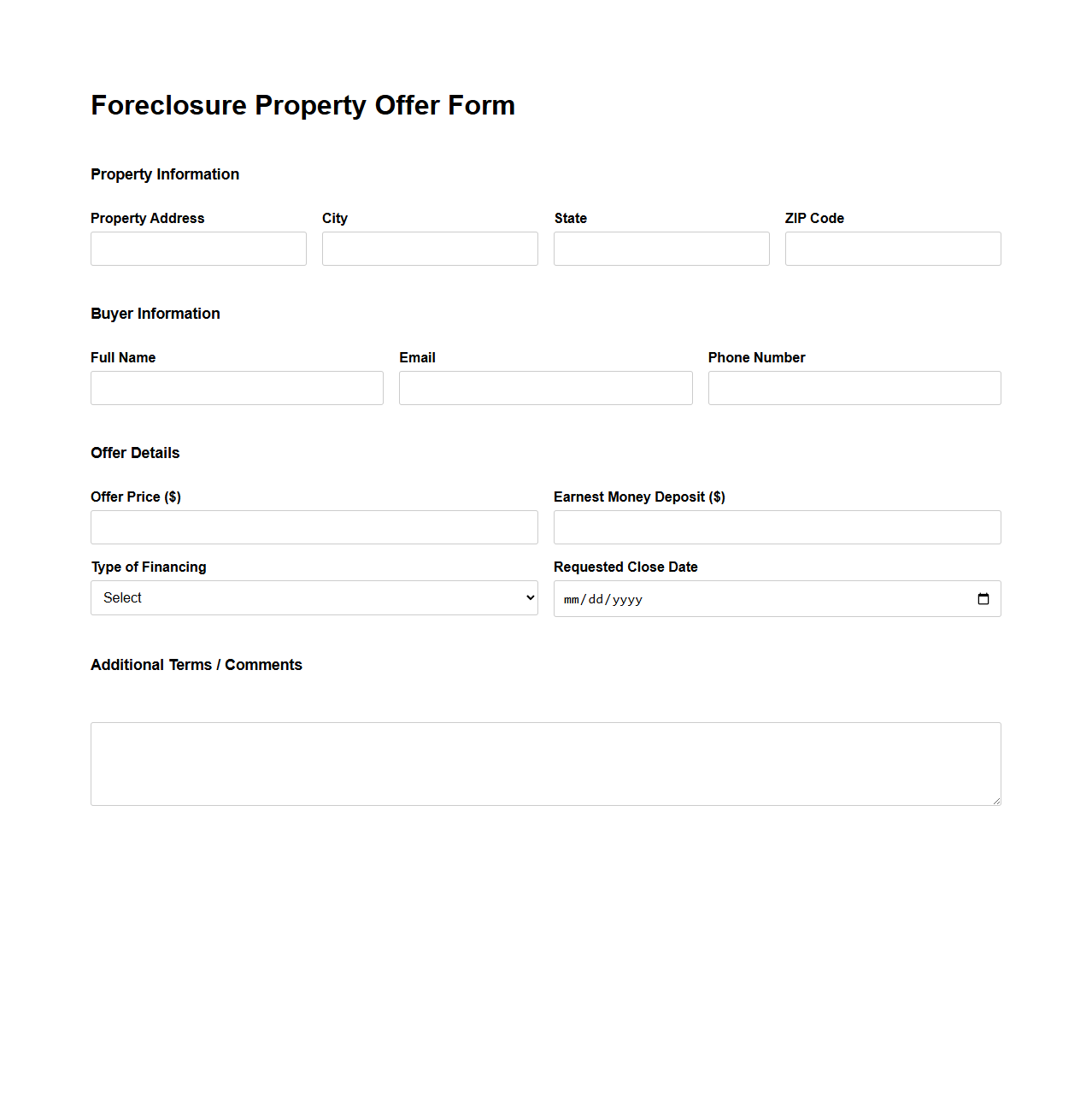 Foreclosure Property Offer Form Example