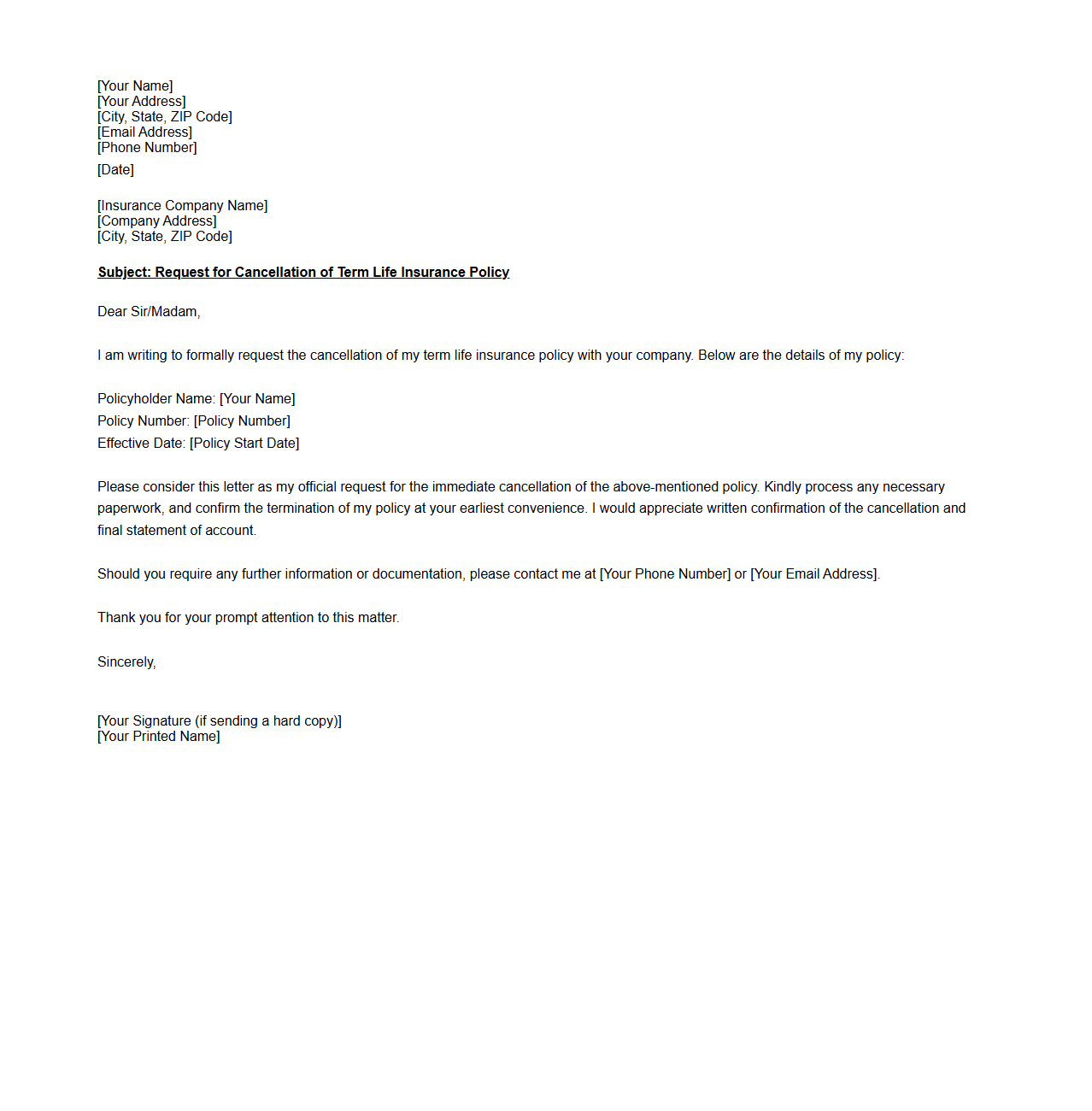 Formal Request Letter Template for Cancelling Term Life Insurance