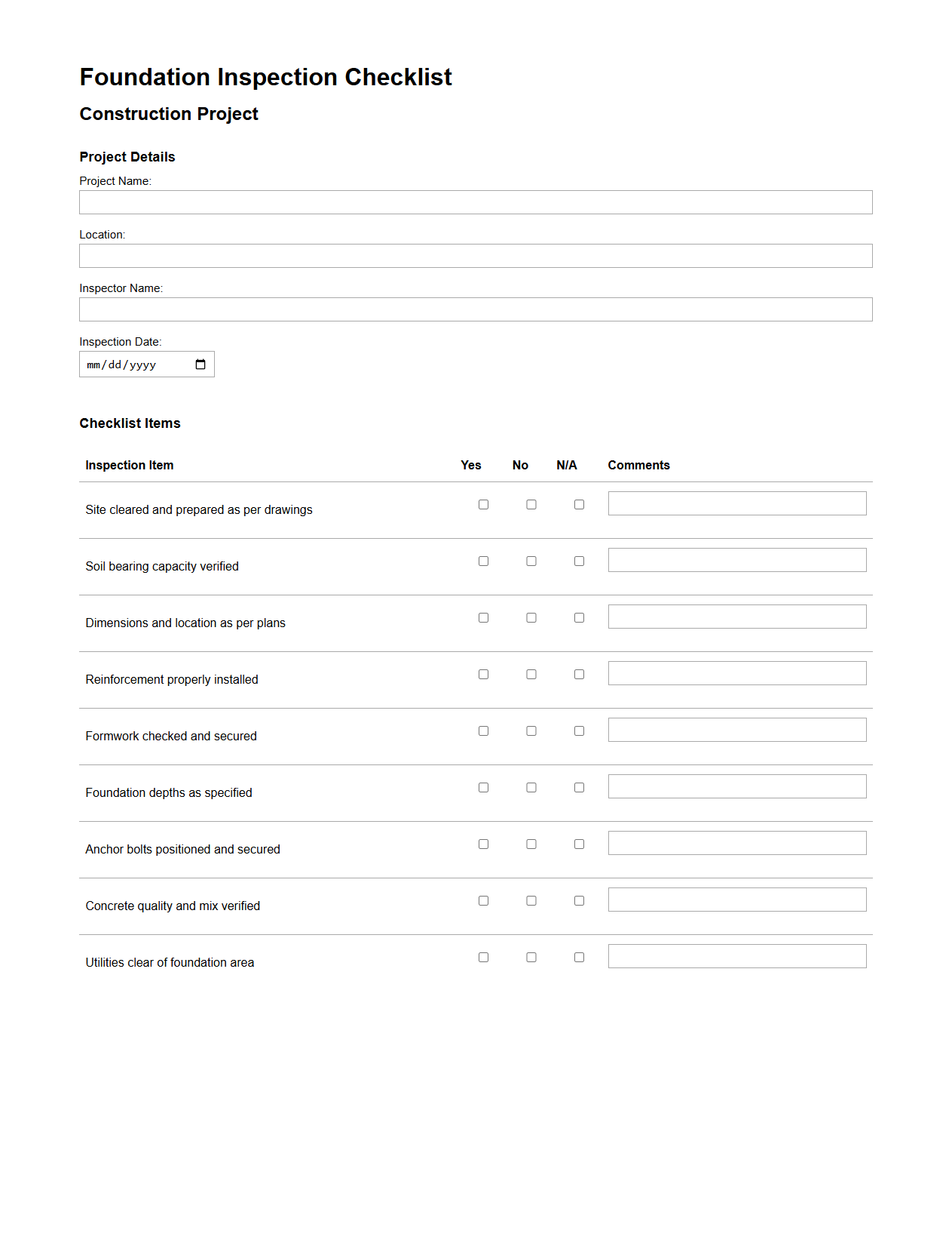 Foundation Inspection Checklist Document for Construction Projects