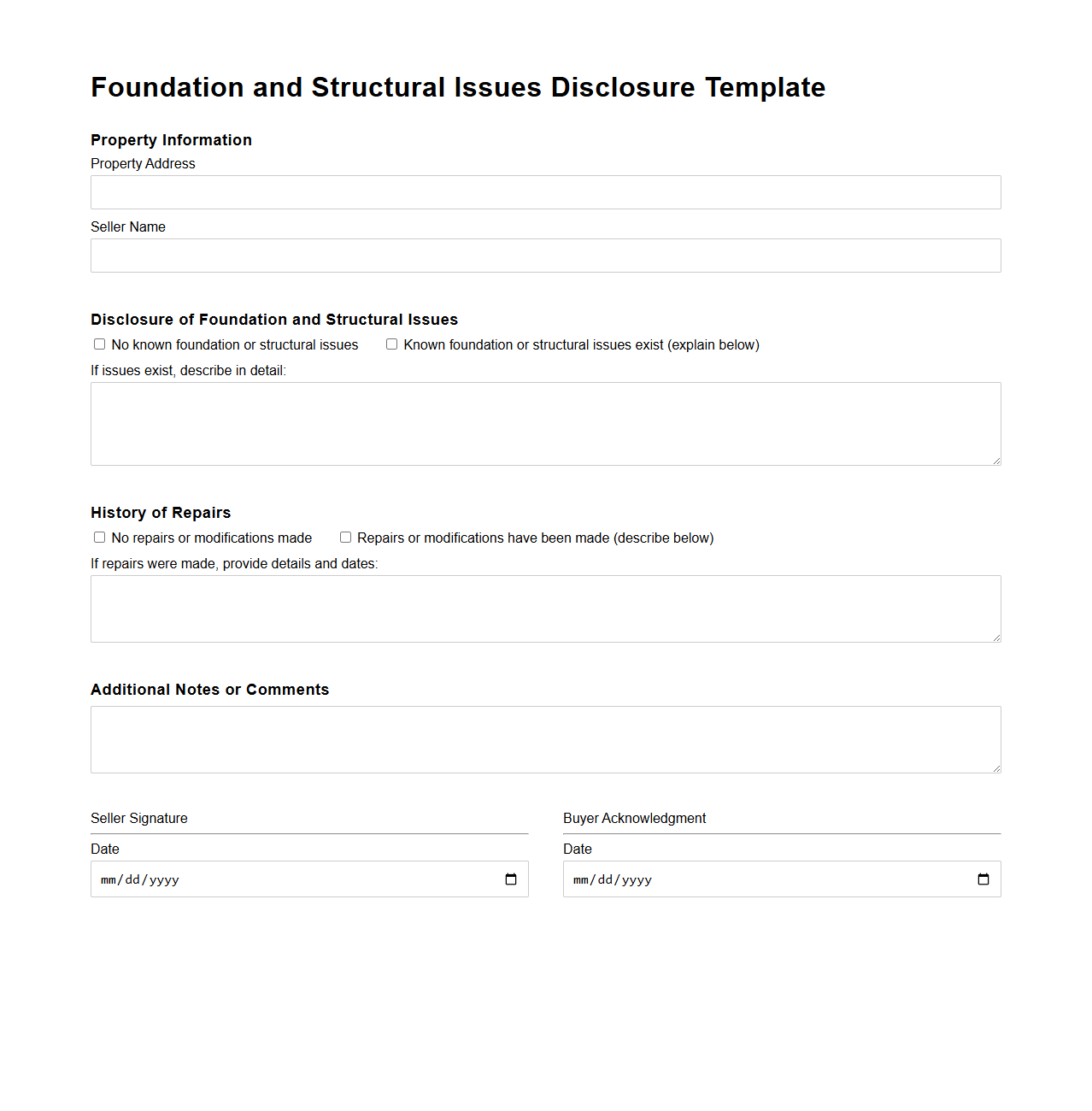 Foundation and Structural Issues Disclosure Template