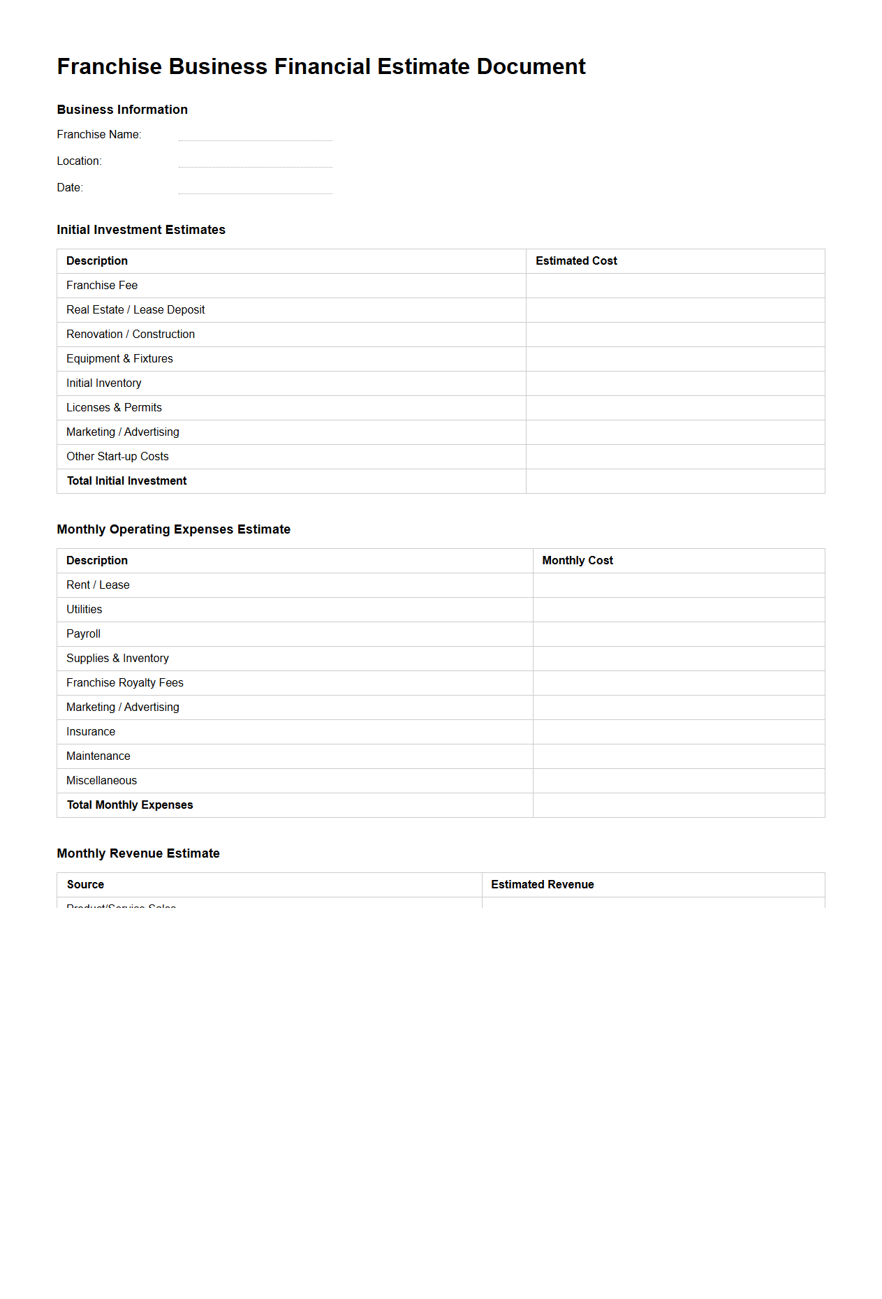 Franchise Business Financial Estimate Document Sample