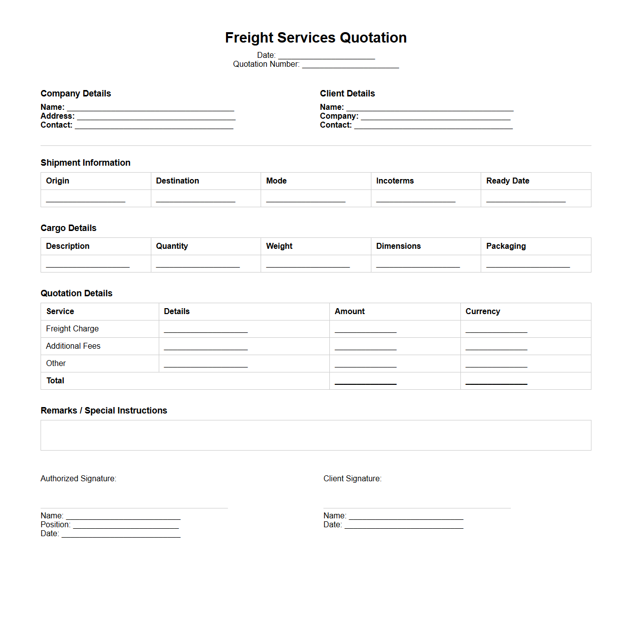 Freight Services Quotation Template