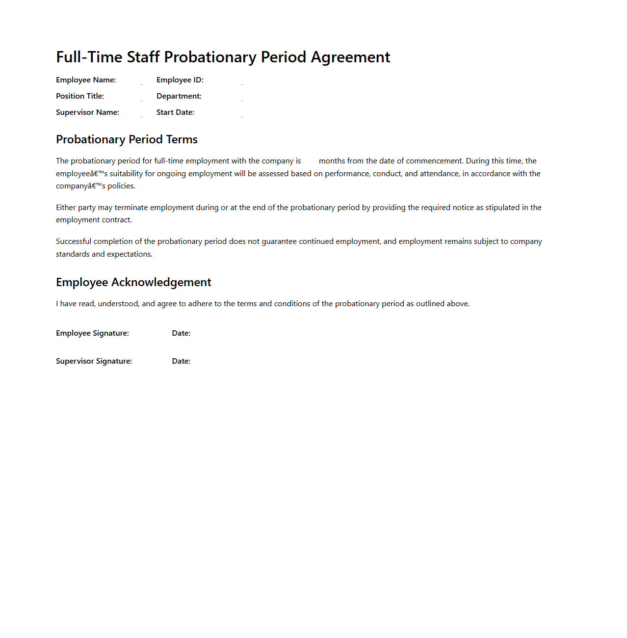 Full-Time Staff Probationary Period Agreement