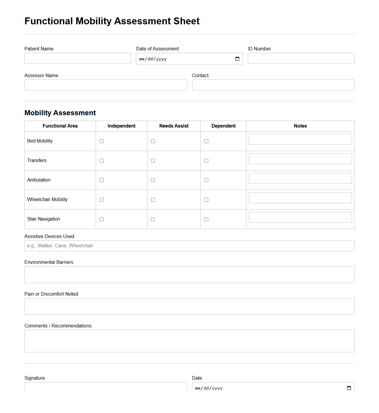 Functional Mobility Assessment Sheet