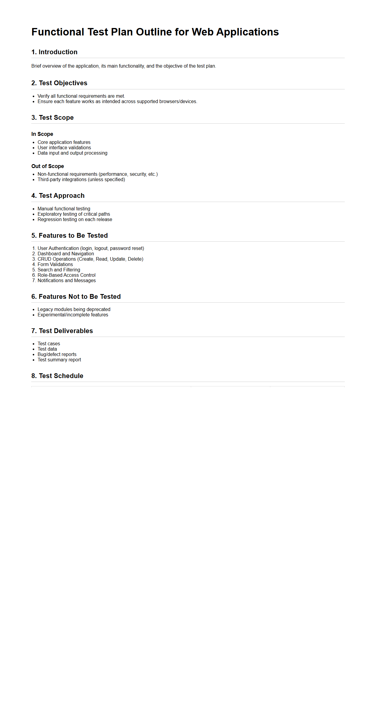 Functional Test Plan Outline for Web Applications
