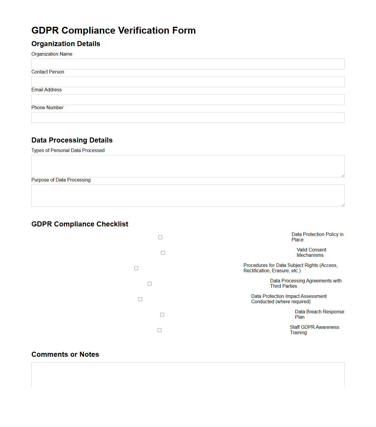 GDPR Compliance Verification Form for Data Privacy Consultants