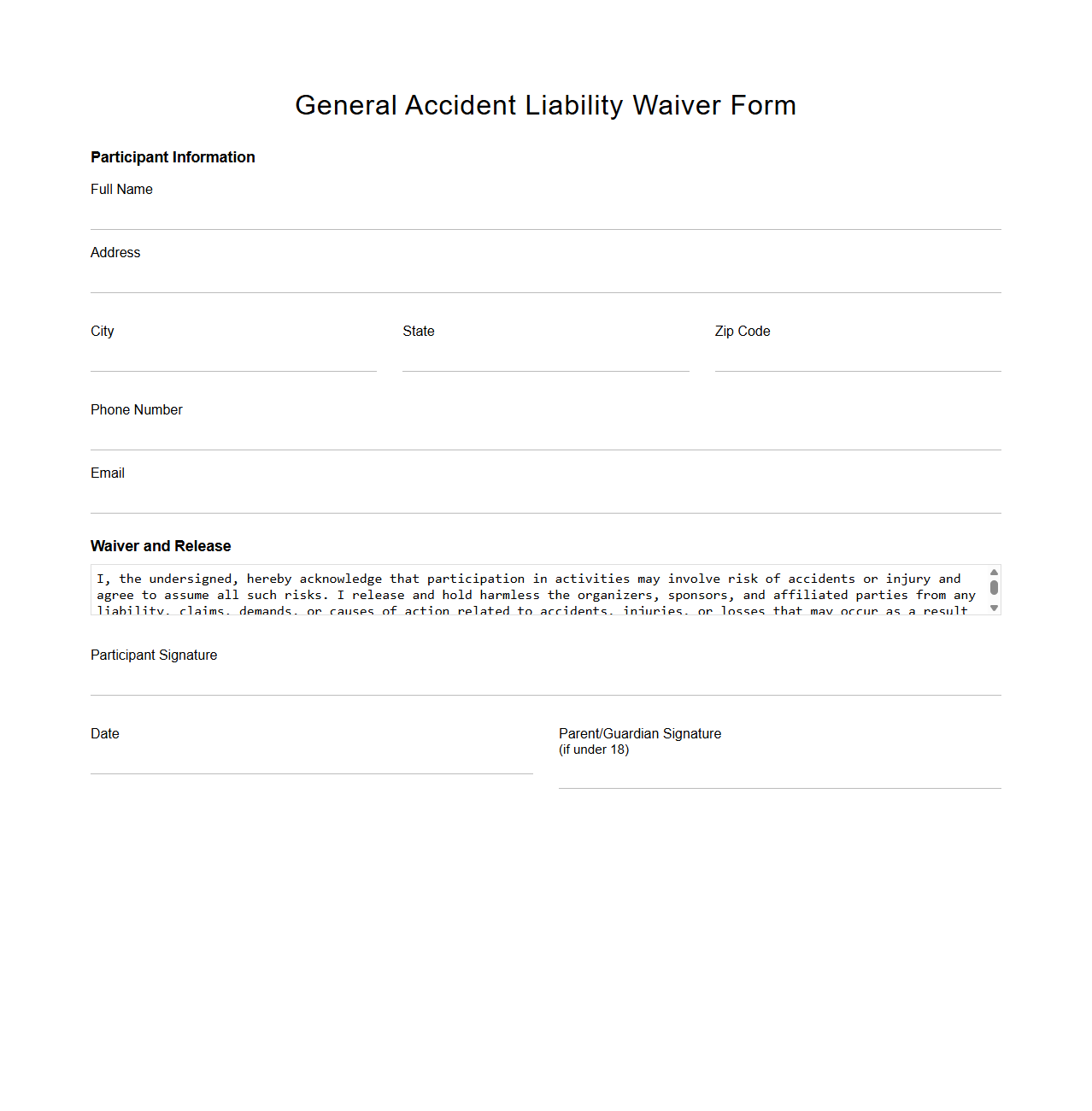 General Accident Liability Waiver Form