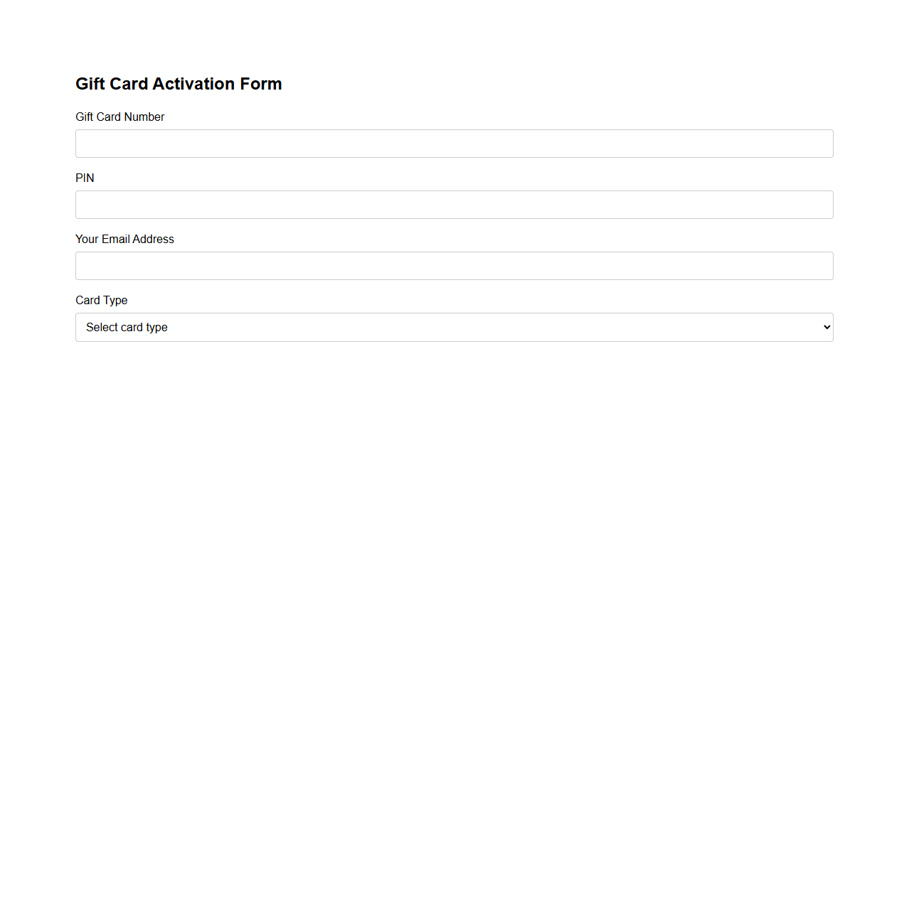 Gift Card Activation Form Example