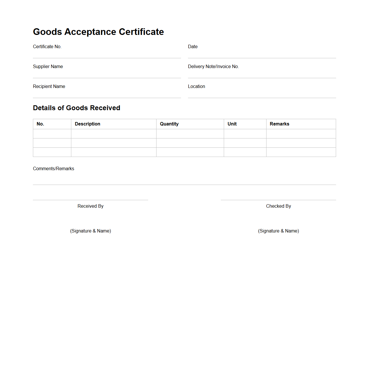 Goods Acceptance Certificate Sample