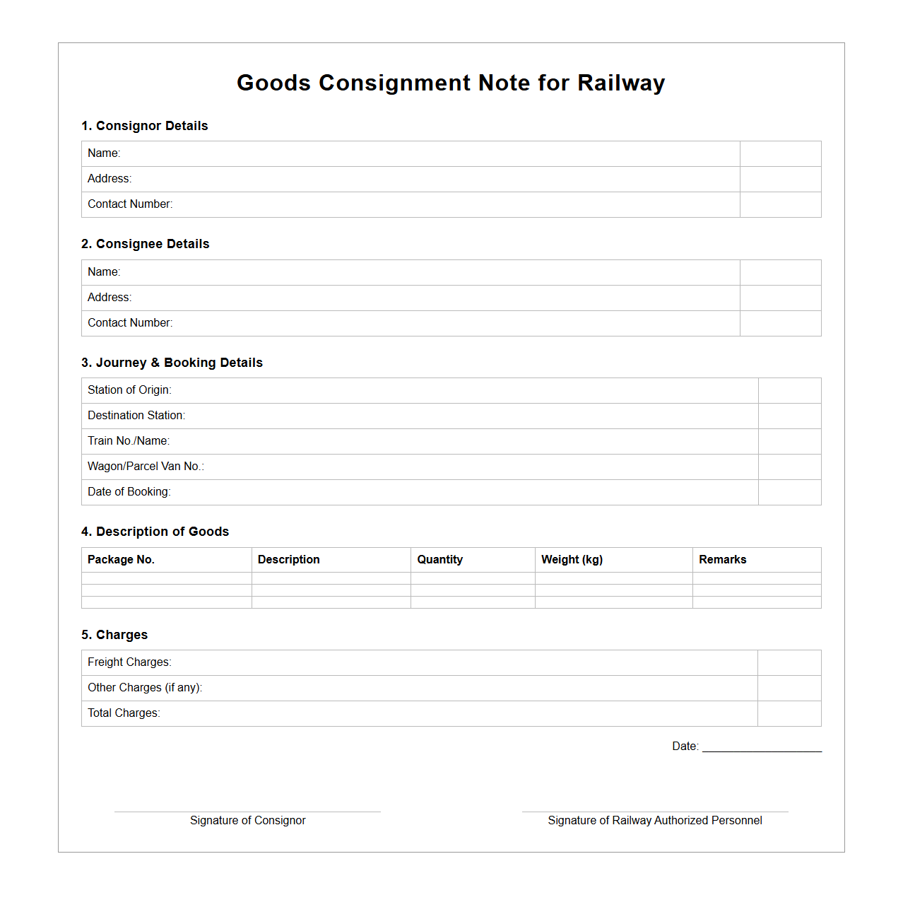 Goods Consignment Note for Railway