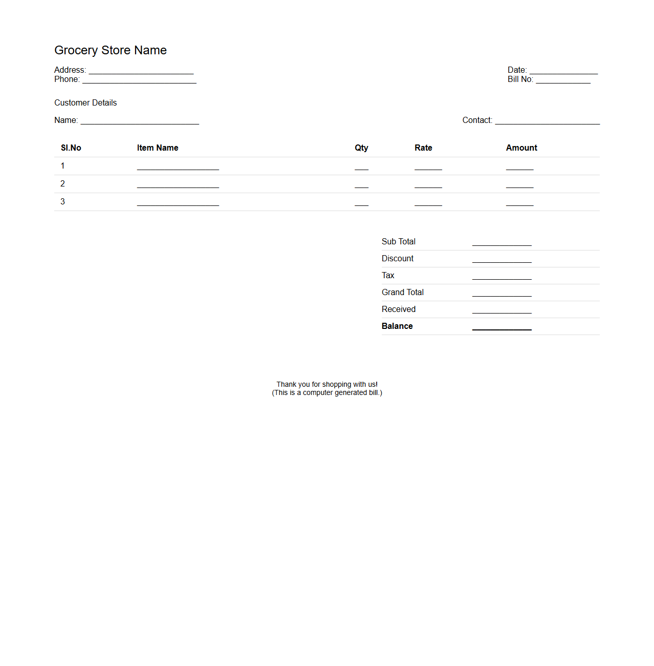 Grocery Store Sales Bill Format