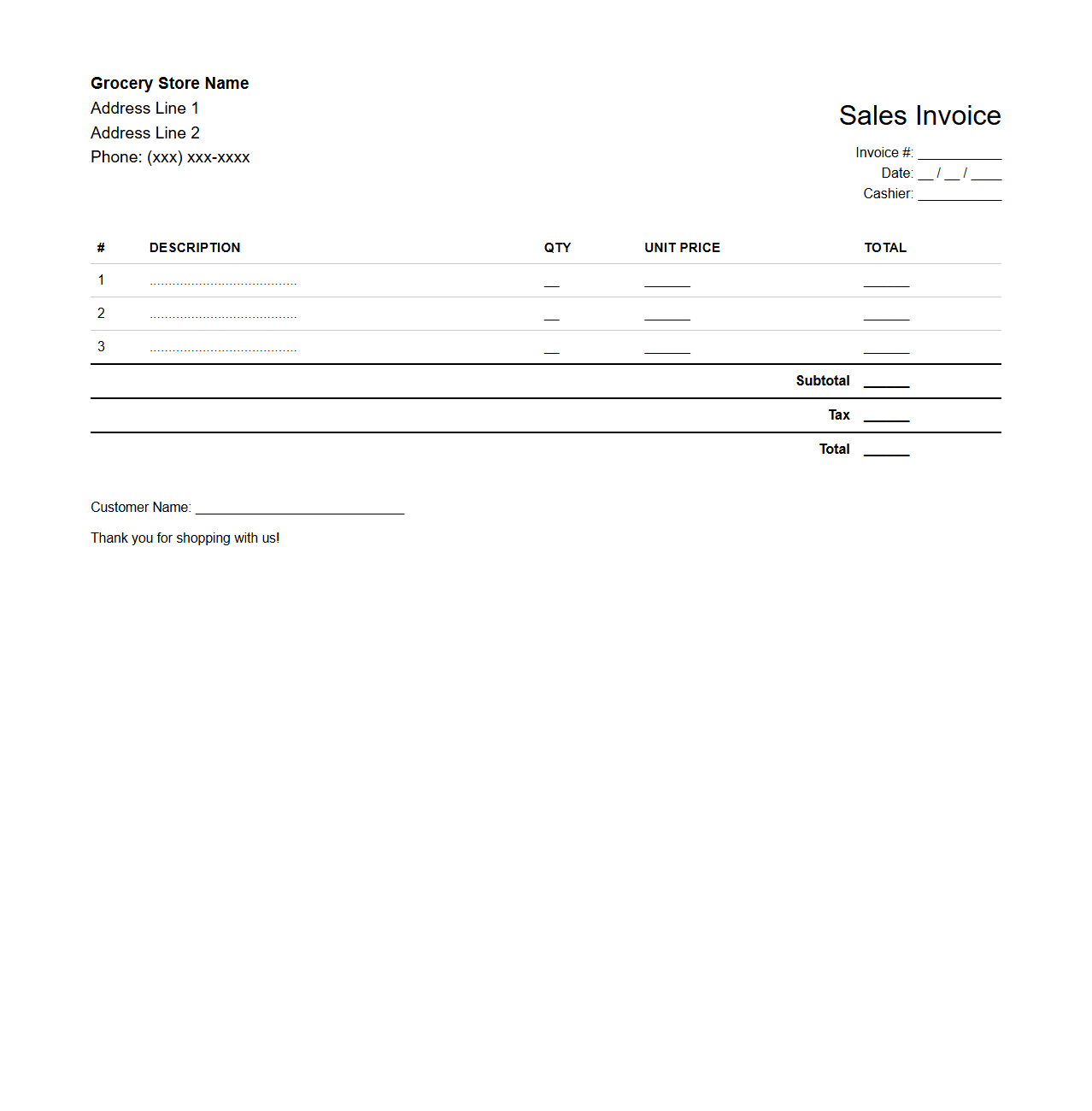 Grocery Store Sales Invoice Template