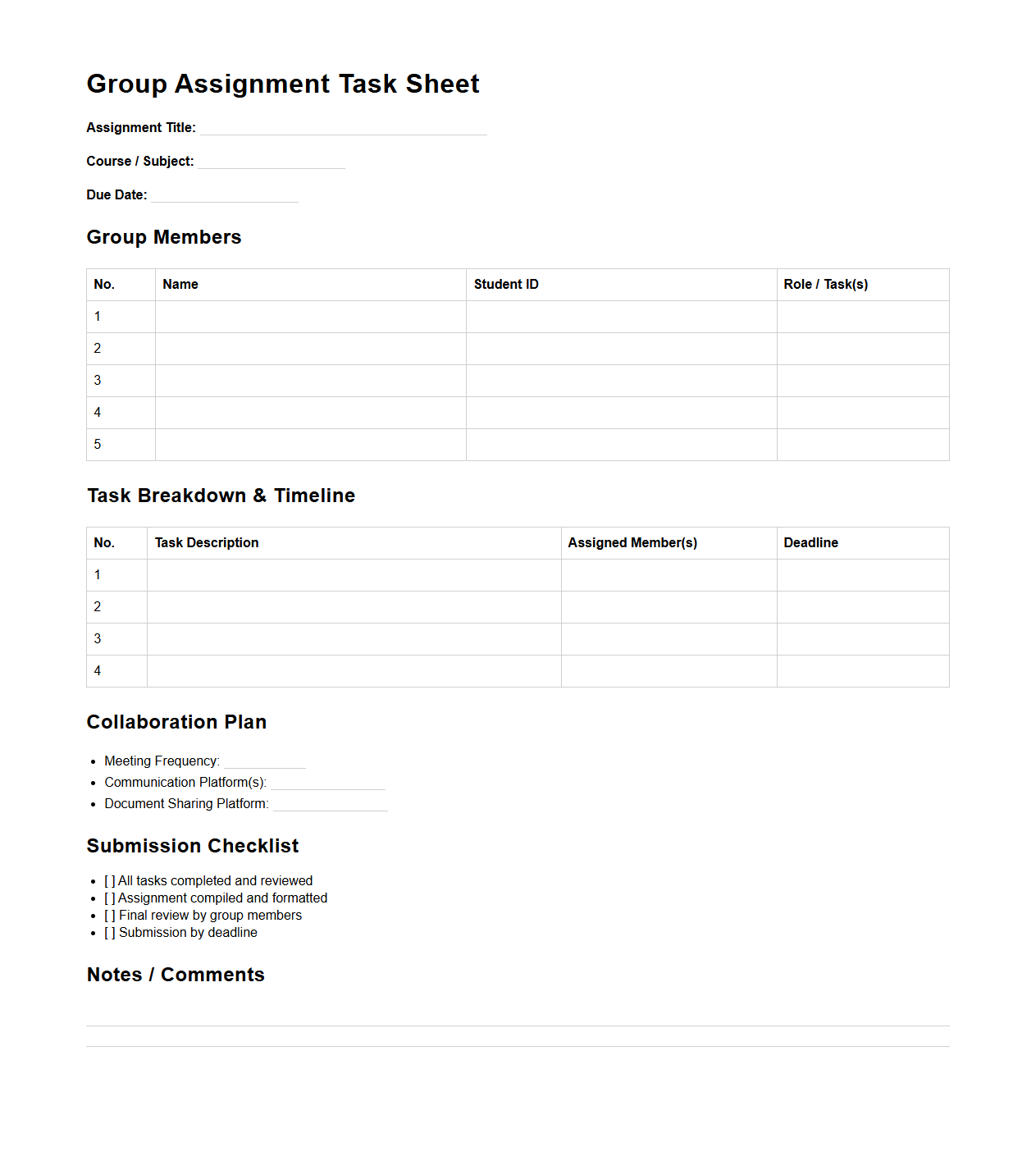 Group Assignment Task Sheet for Collaborative Homework