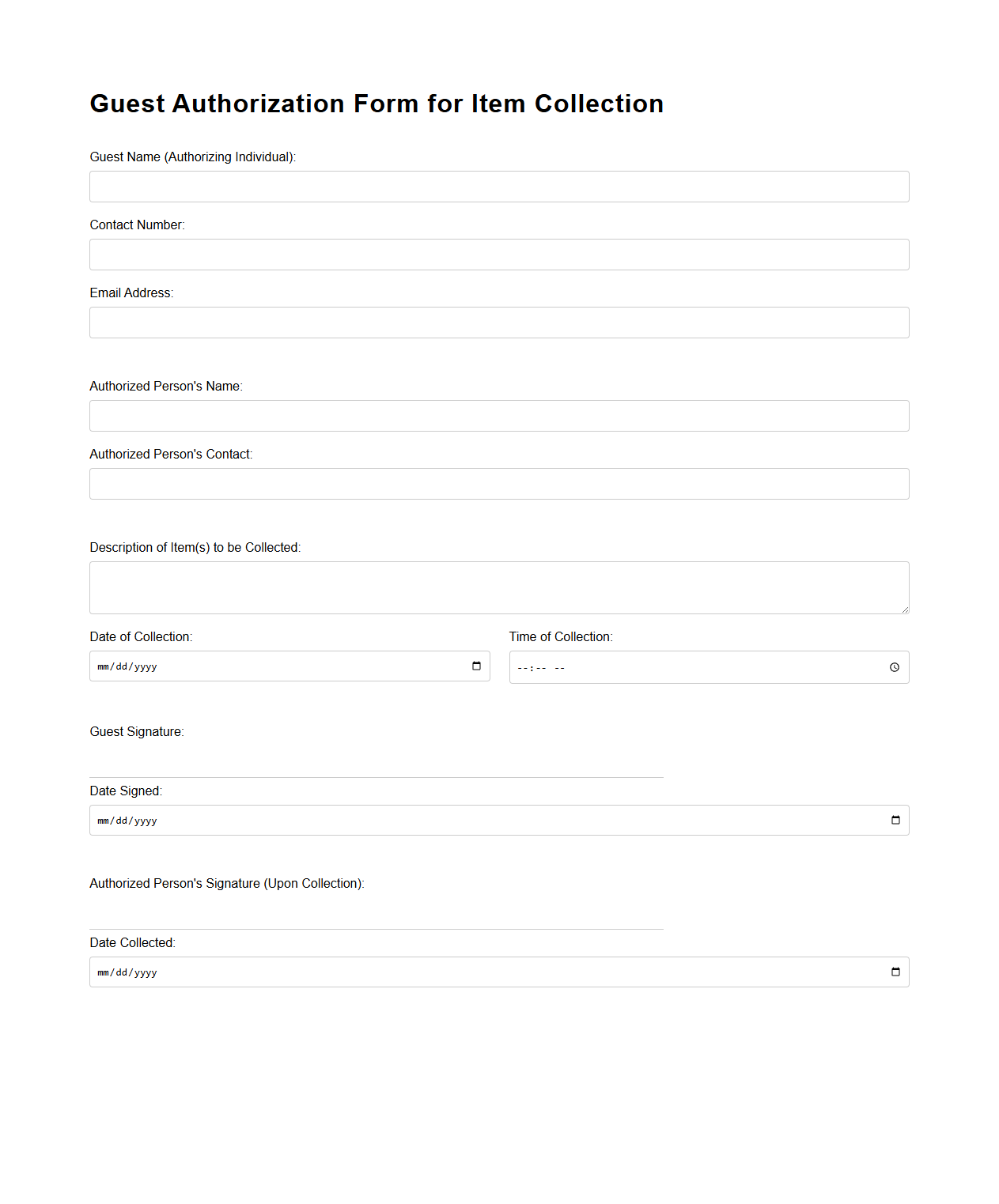 Guest Authorization Form for Item Collection