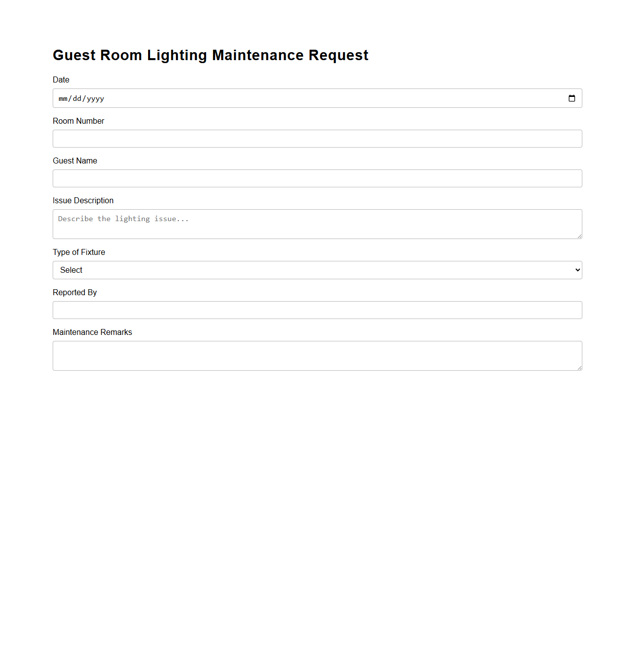 Guest Room Lighting Maintenance Request Template