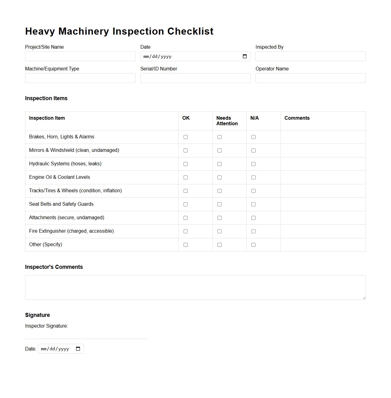 Heavy Machinery Inspection Checklist Template for Construction Sites
