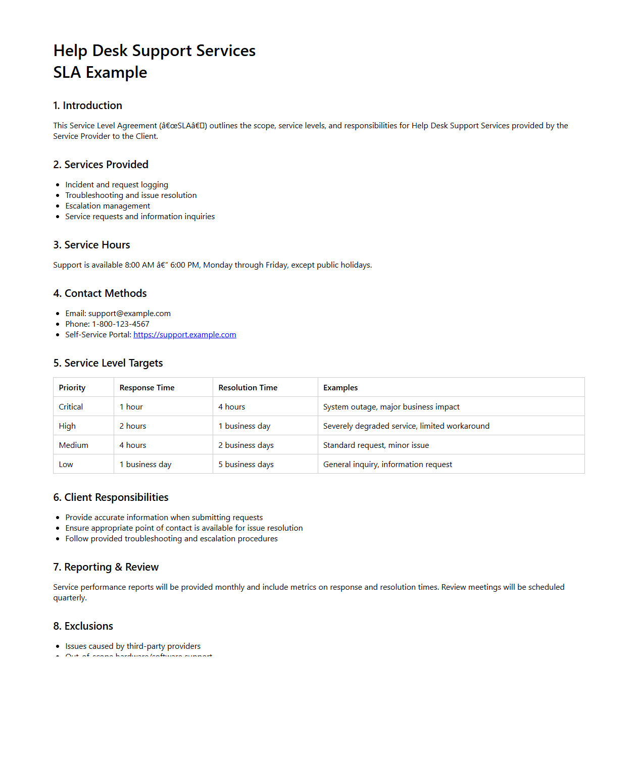 Help Desk Support Services SLA Example