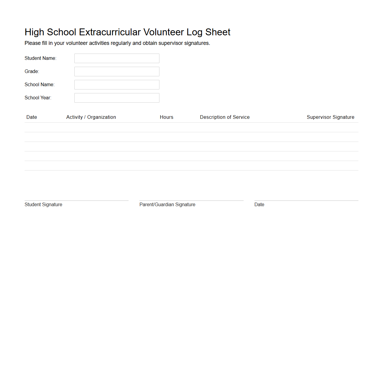 High School Extracurricular Volunteer Log Sheet