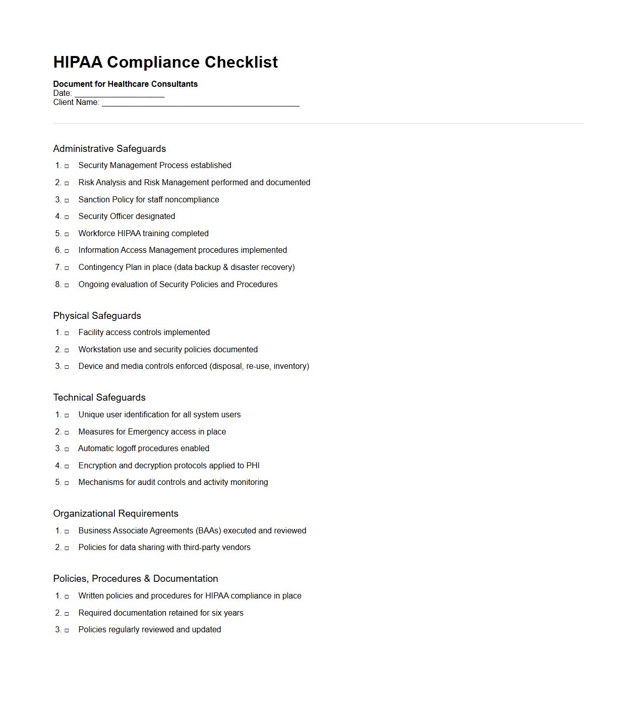 HIPAA Compliance Checklist Document for Healthcare Consultants