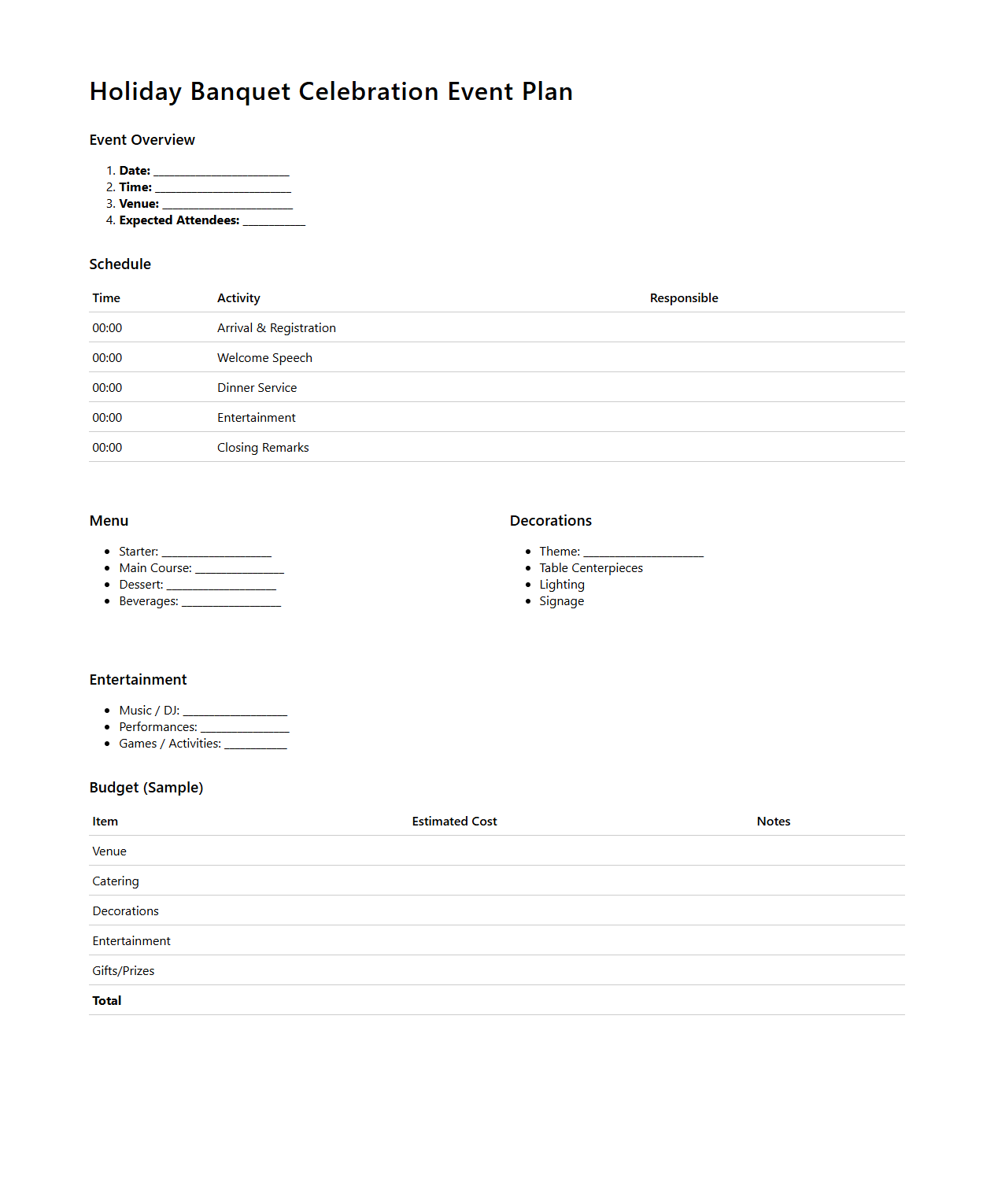 Holiday Banquet Celebration Event Plan