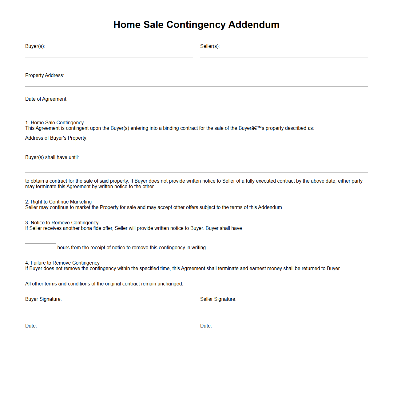Home Sale Contingency Addendum Document