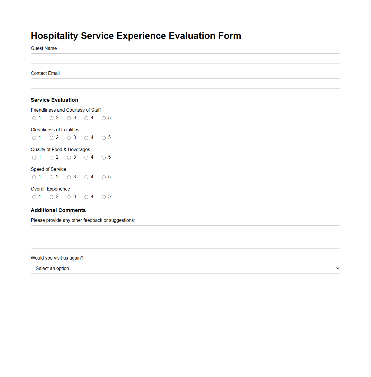 Hospitality Service Experience Evaluation Form