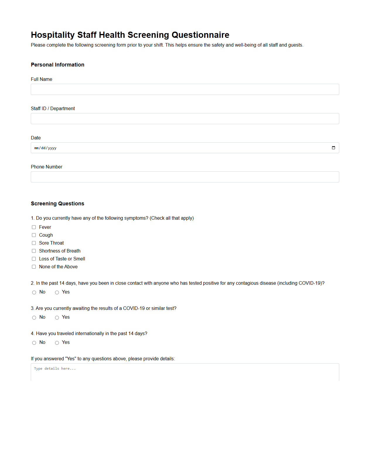 Hospitality Staff Health Screening Questionnaire