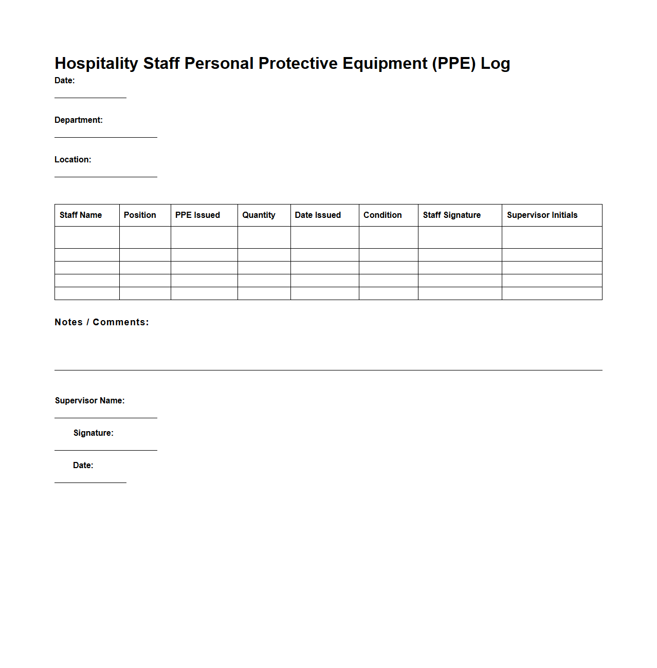 Hospitality Staff Personal Protective Equipment (PPE) Log