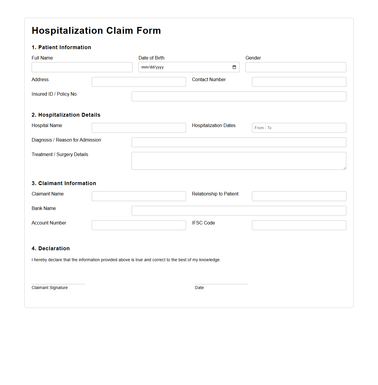 Hospitalization Claim Form Document Template