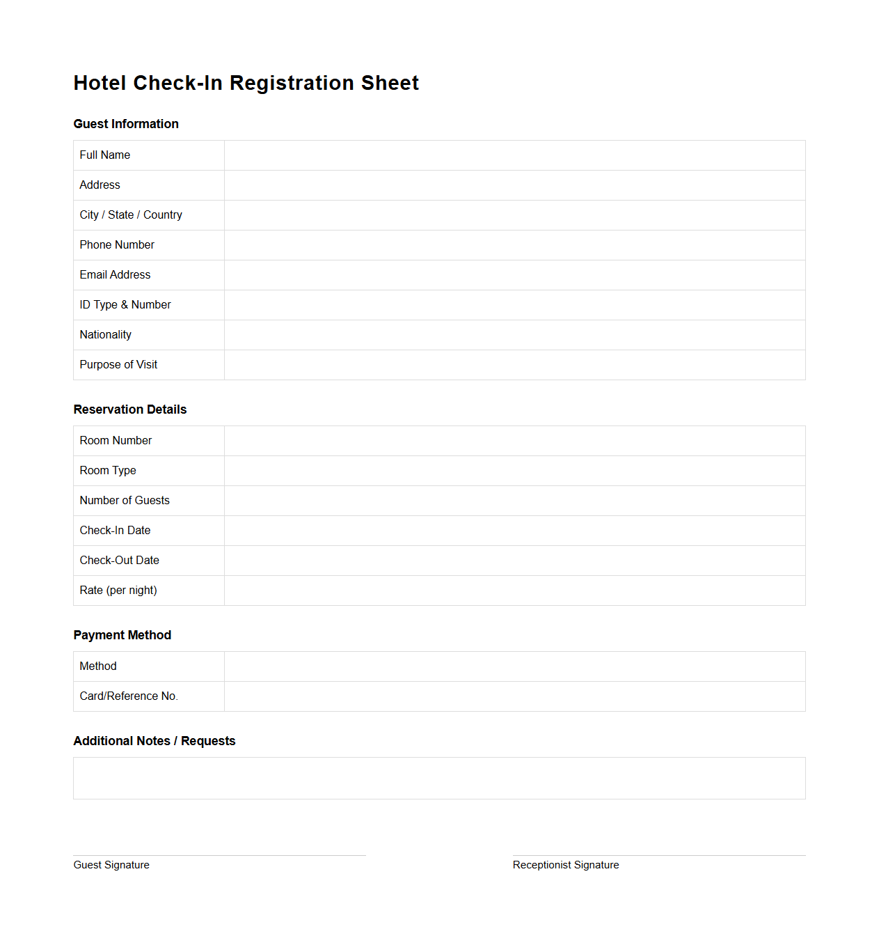 Hotel Check-In Registration Sheet Example