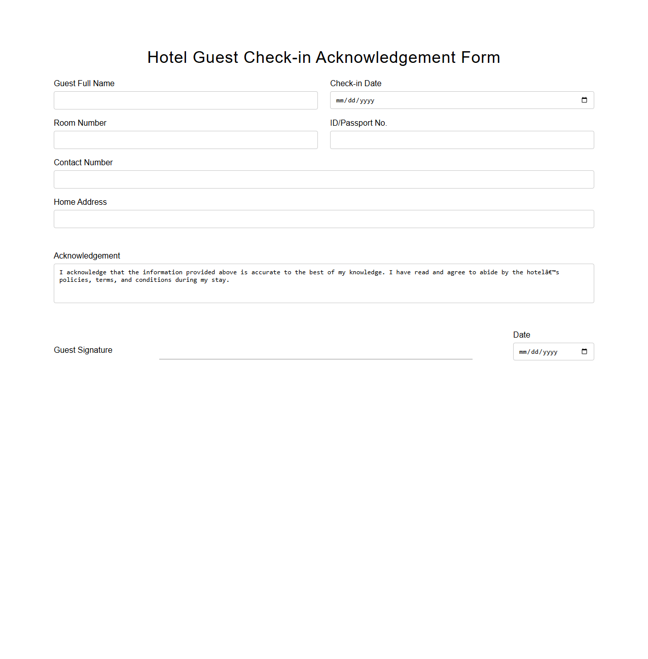 Hotel Guest Check-in Acknowledgement Form