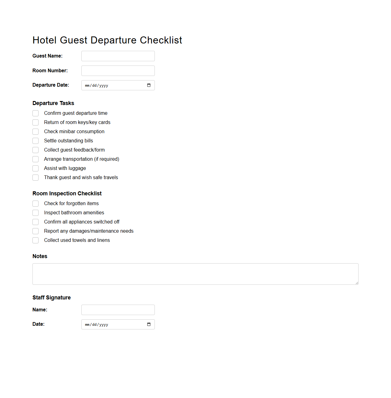 Hotel Guest Departure Checklist Template