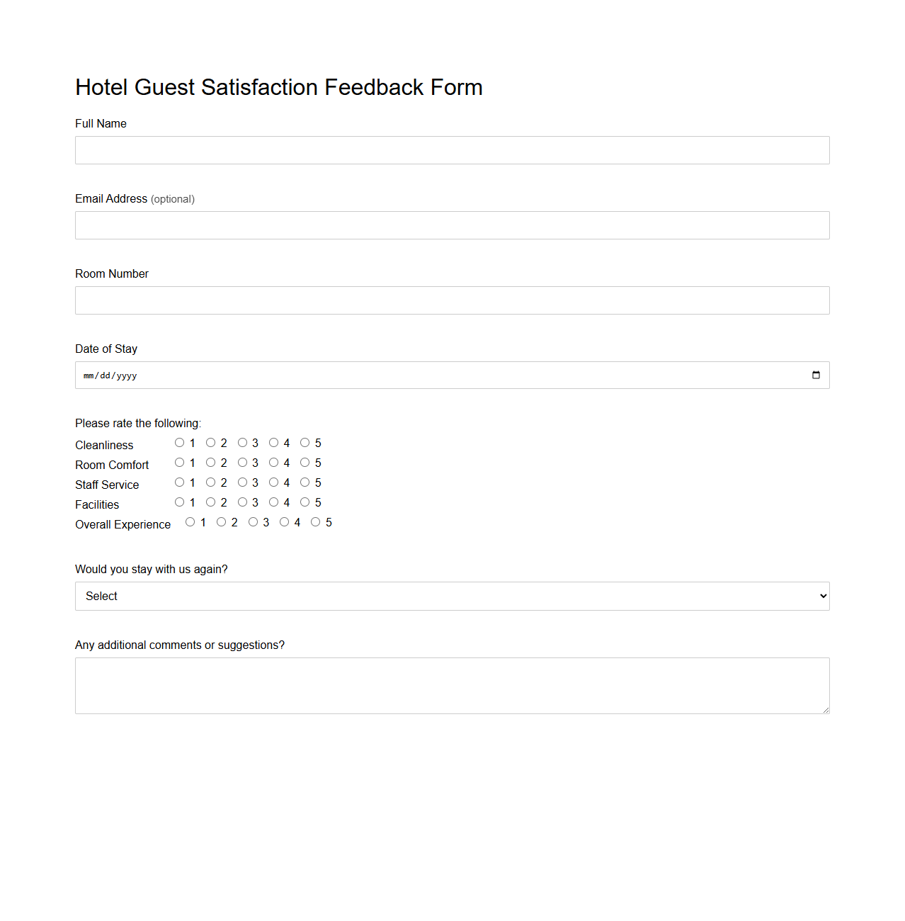 Hotel Guest Satisfaction Feedback Form