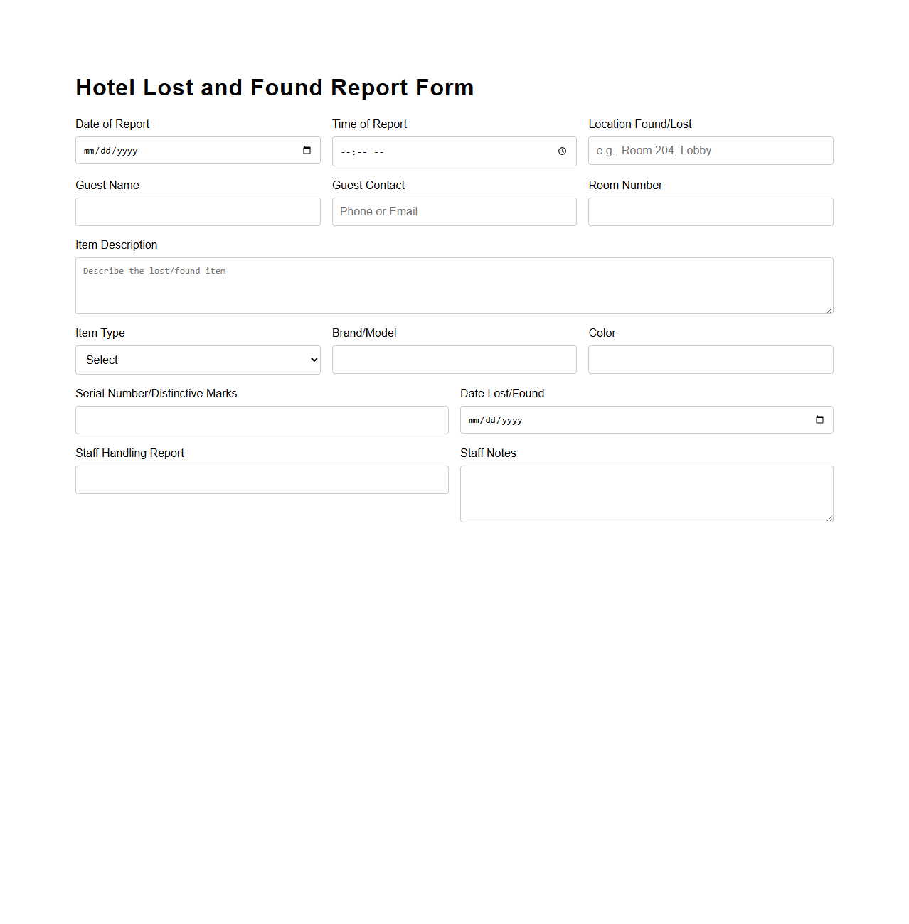 Hotel Lost and Found Report Form Sample