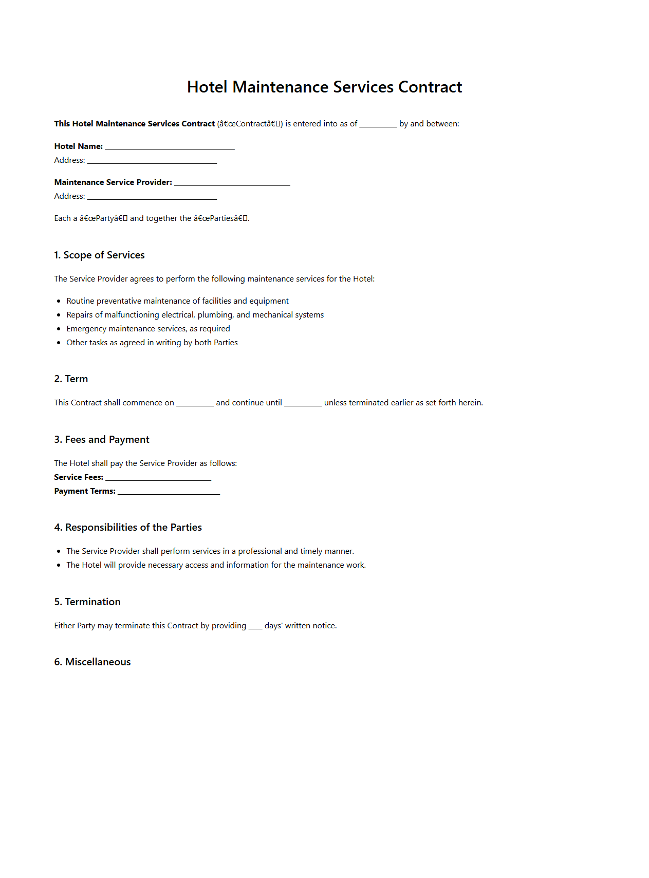 Hotel Maintenance Services Contract Sample