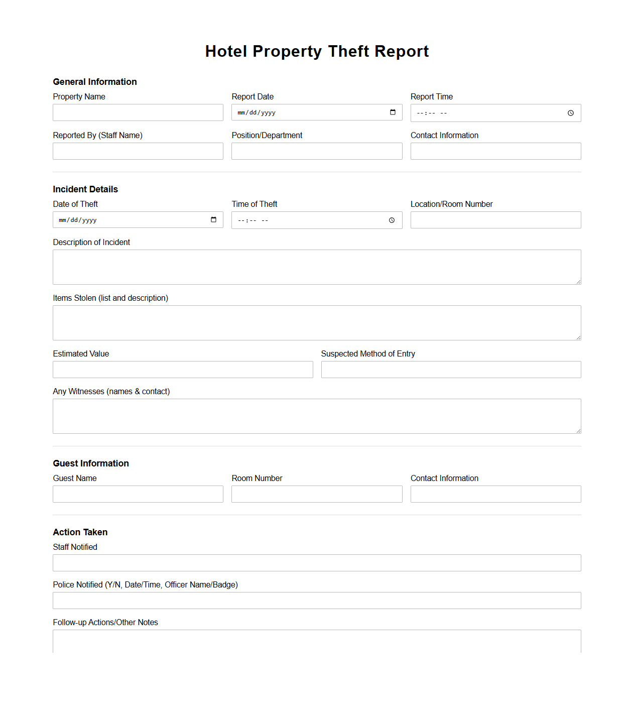 Hotel Property Theft Report Template