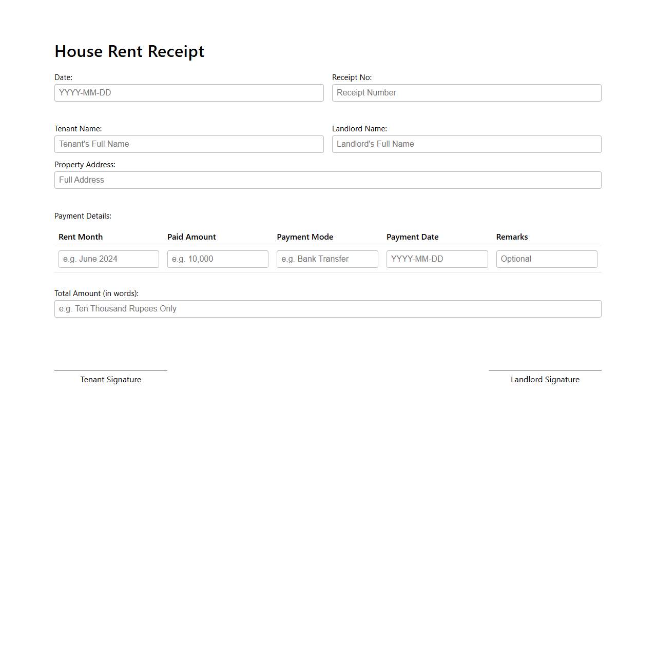 House Rent Receipt with Payment Details